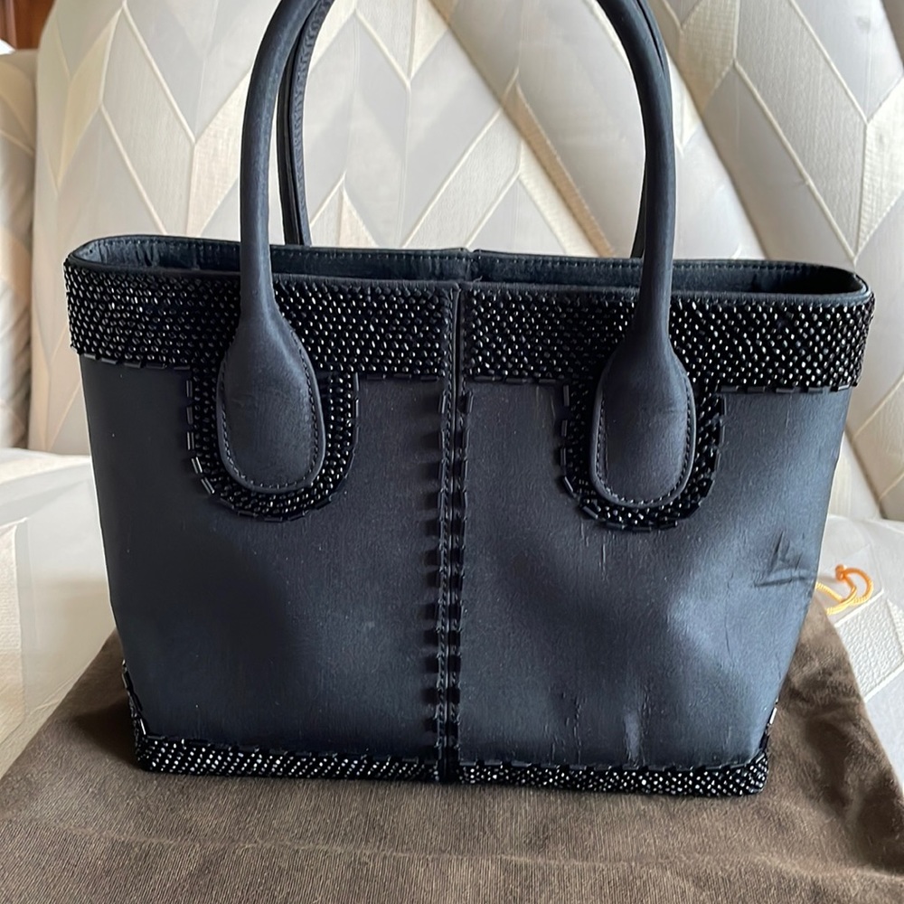 TOD’S Black silk evening bag with amazing beads work SHARON STONE AUTOGRAPH